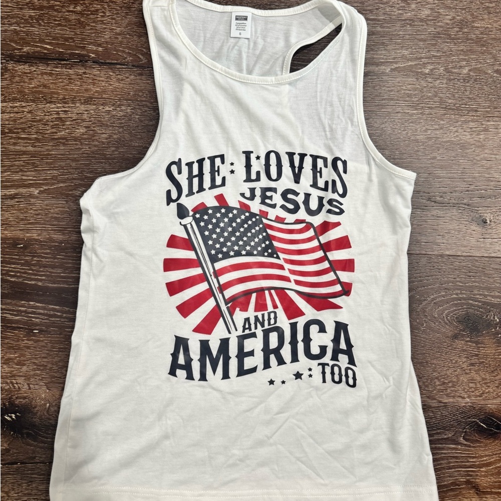 Patriotic Graphic Tank Top - White "She Loves Jesus and America Too"